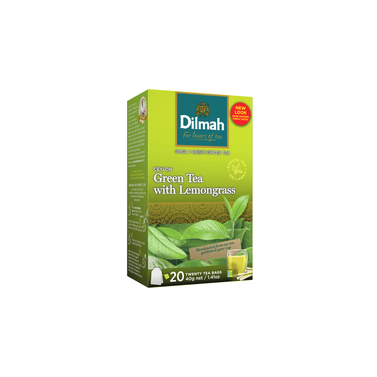 Dilmah Green Tea with Lemongrass packaging on a white background