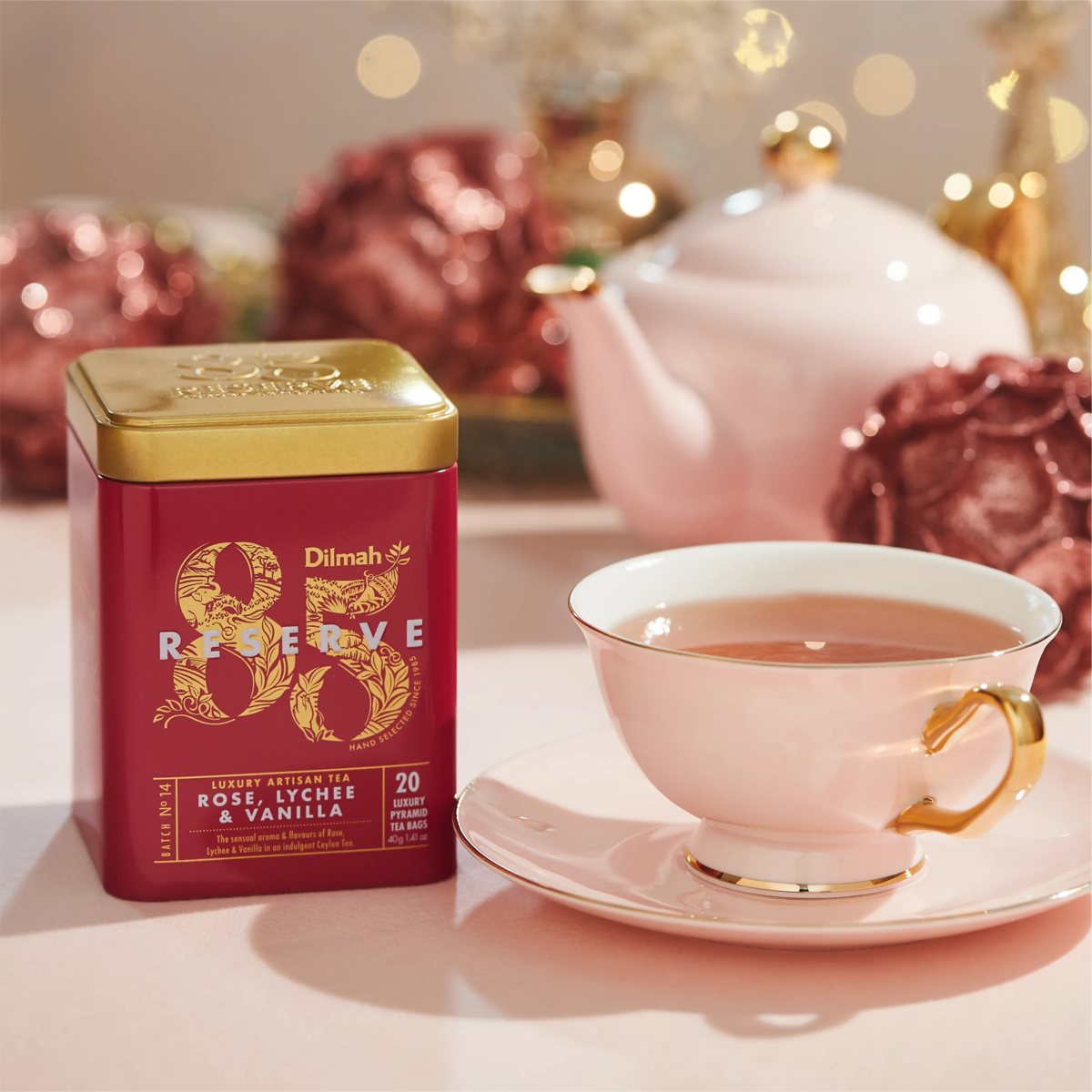 Dilmah 85 Reserve Rose, Lychee & Vanilla Ceylon Black Tea – 20 Luxury Leaf Bags