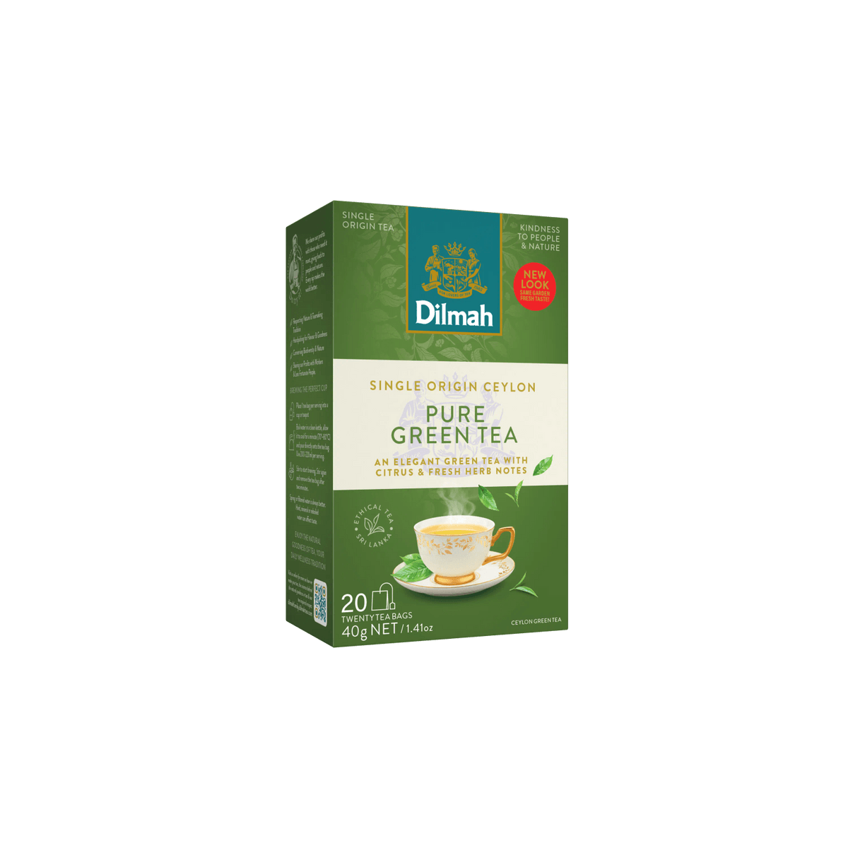 Dilmah Pure Green Tea packaging on a dark green background