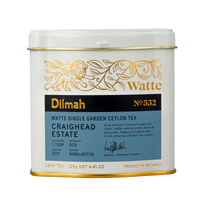 White and gold tin caddy of Dilmah Watte Single Garden Ceylon black tea, 125g, with blue label and lion design