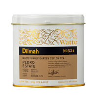 White and gold tin caddy of Dilmah Pedro Estate Watte Single Garden Ceylon black leaf tea, 125g, with product details on